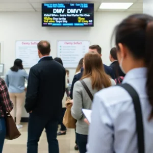 Customers at a Nevada DMV office waiting for services after reopening.
