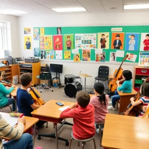 A lively classroom scene with students enjoying a music lesson.