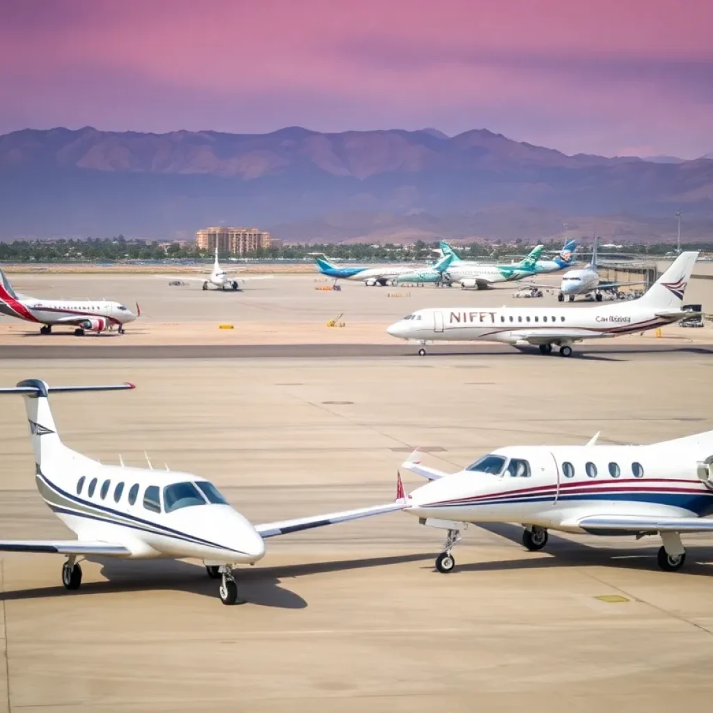 Aerial view of North Las Vegas Airport with general aviation and larger jets.
