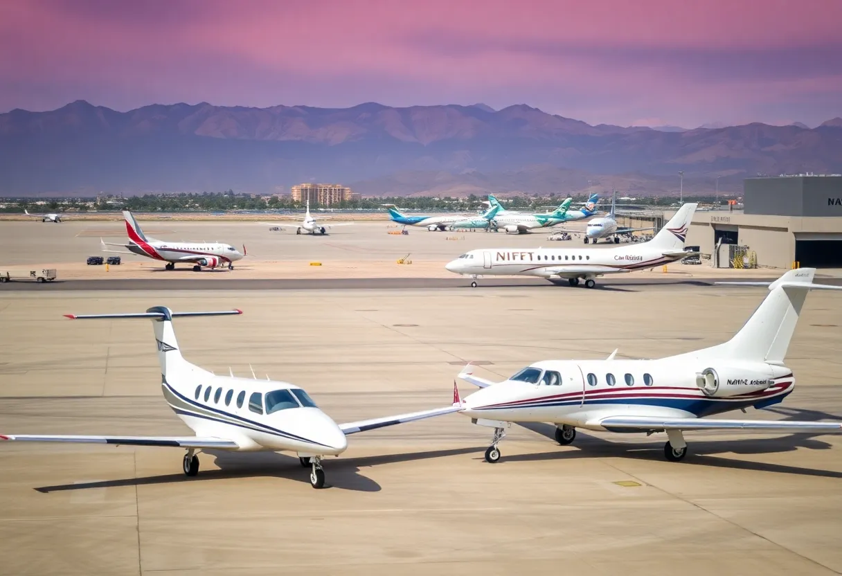 Aerial view of North Las Vegas Airport with general aviation and larger jets.