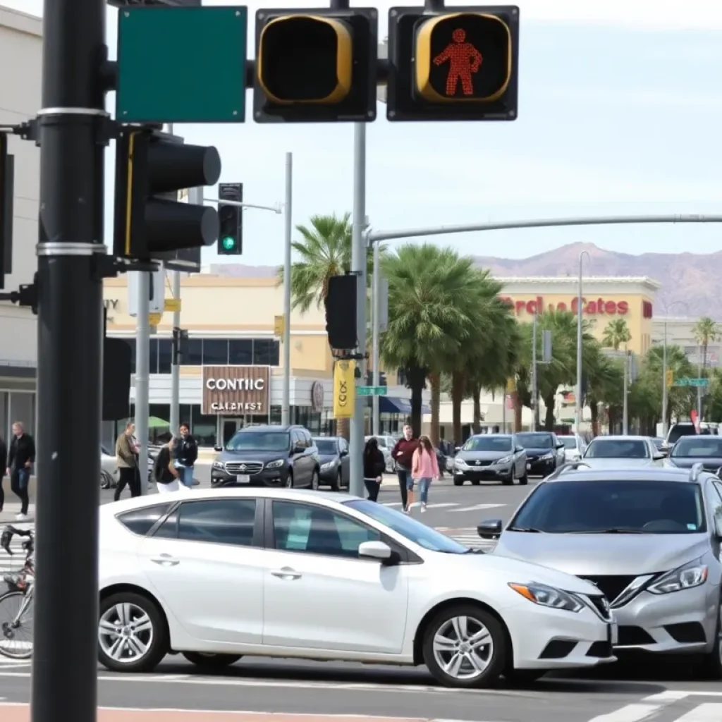 Urban intersection in North Las Vegas highlighting traffic and pedestrians