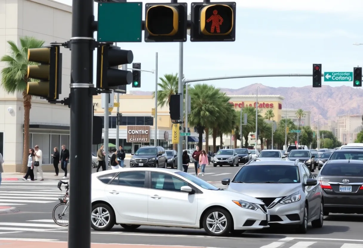 Urban intersection in North Las Vegas highlighting traffic and pedestrians
