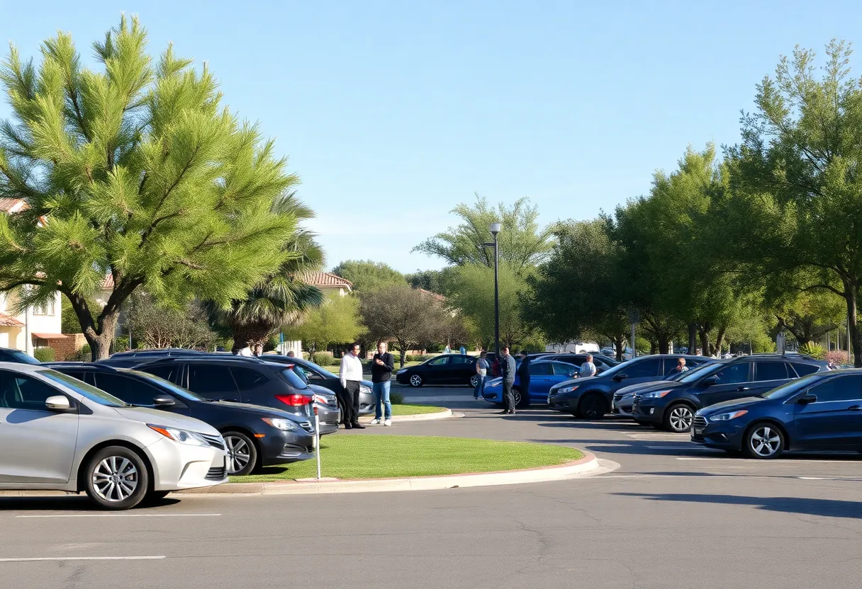 A scene from Tropical Breeze Park in North Las Vegas with parked cars and community members