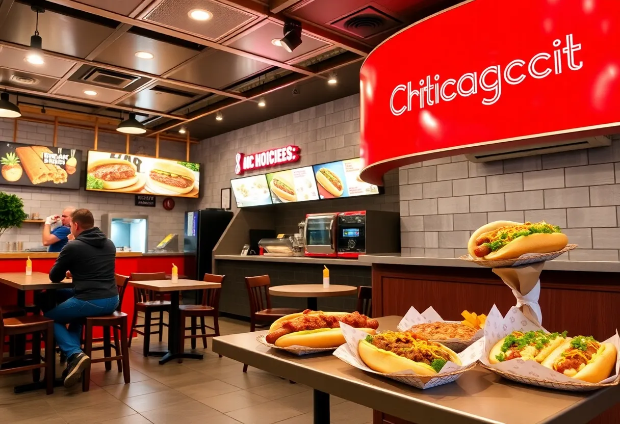 Concept art of Portillo's restaurant featuring Chicago-style food.