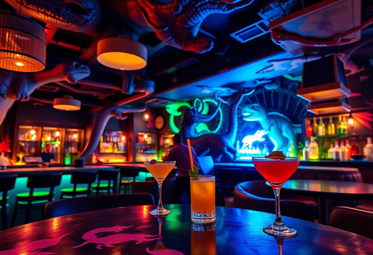 Dinosaur-themed cocktails in a vibrant bar setting