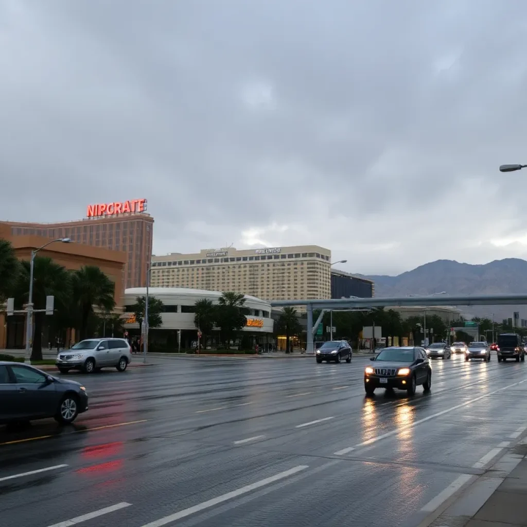 Wet streets of Las Vegas during a rainy day with overcast skies