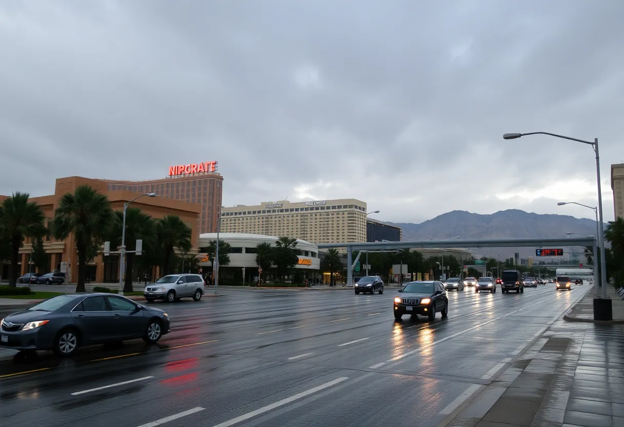 Wet streets of Las Vegas during a rainy day with overcast skies