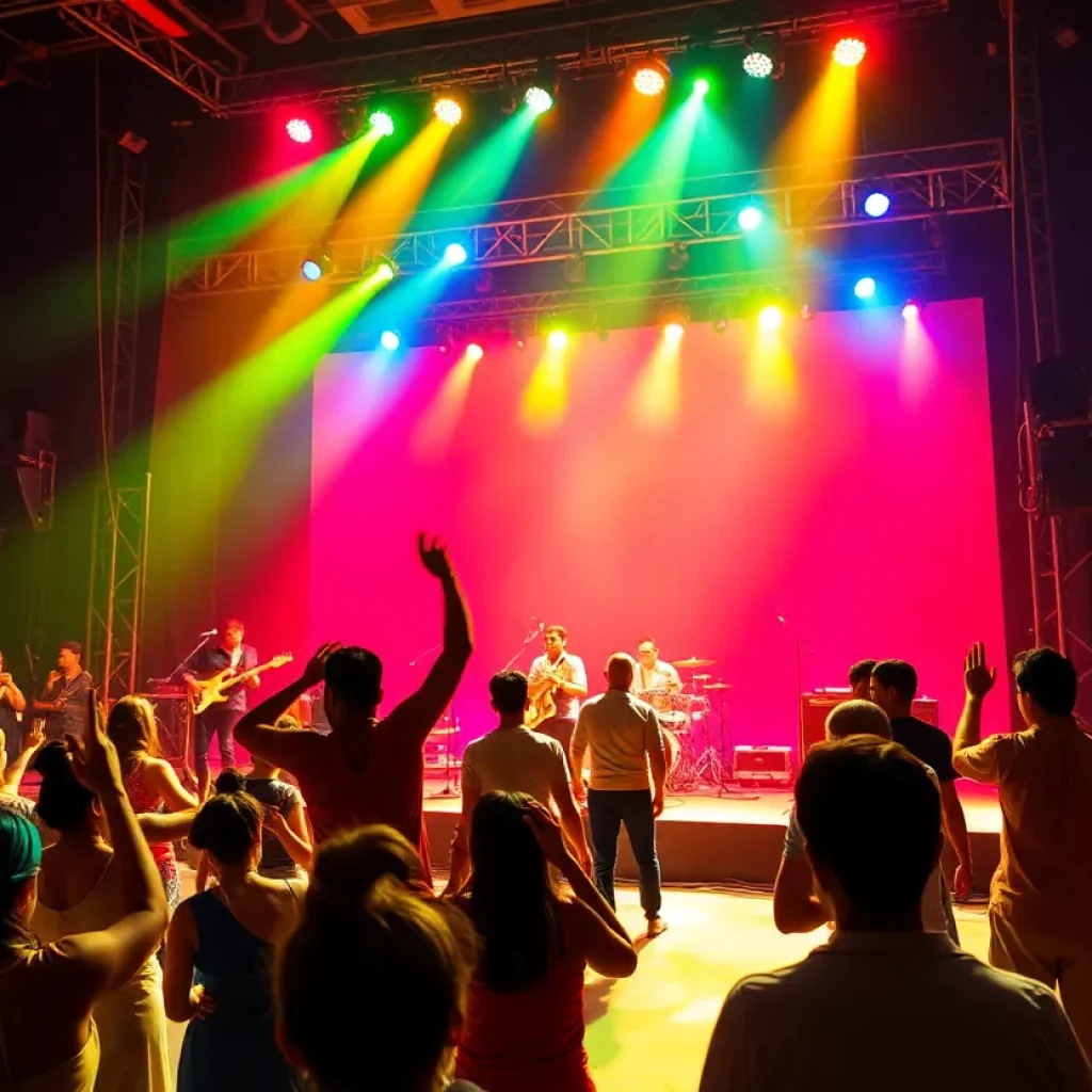Concert performance showcasing a lively atmosphere with stage lights and energetic dancers