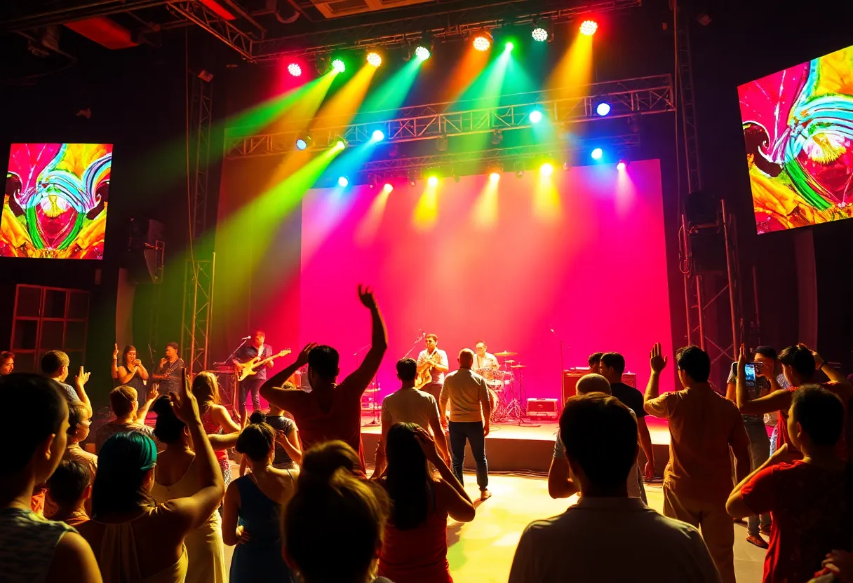 Concert performance showcasing a lively atmosphere with stage lights and energetic dancers