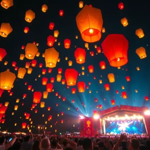 Sky lanterns soaring into the night sky at Rise Festival