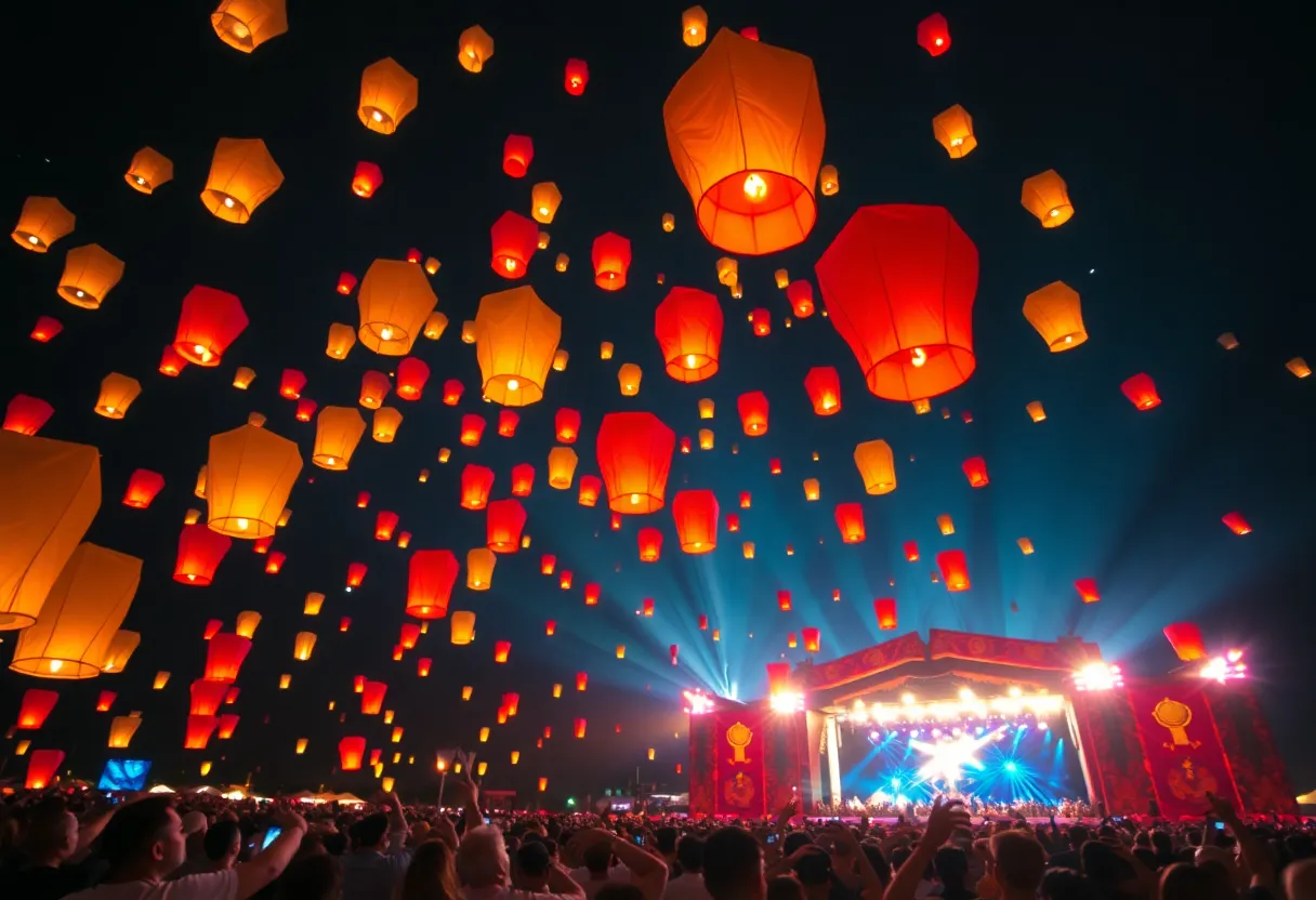 Sky lanterns soaring into the night sky at Rise Festival