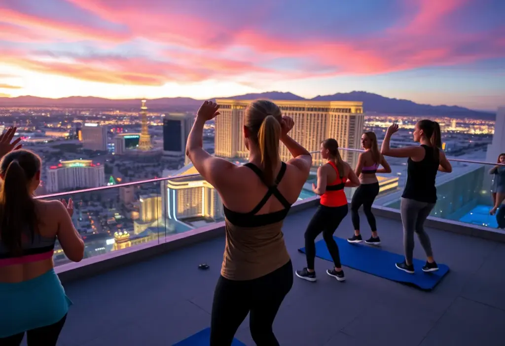 Participants in a rooftop HIIT class with Las Vegas Strip views.