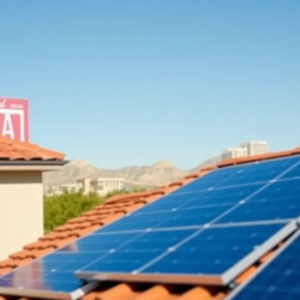 Rooftop solar panels on a suburban home with Las Vegas skyline.