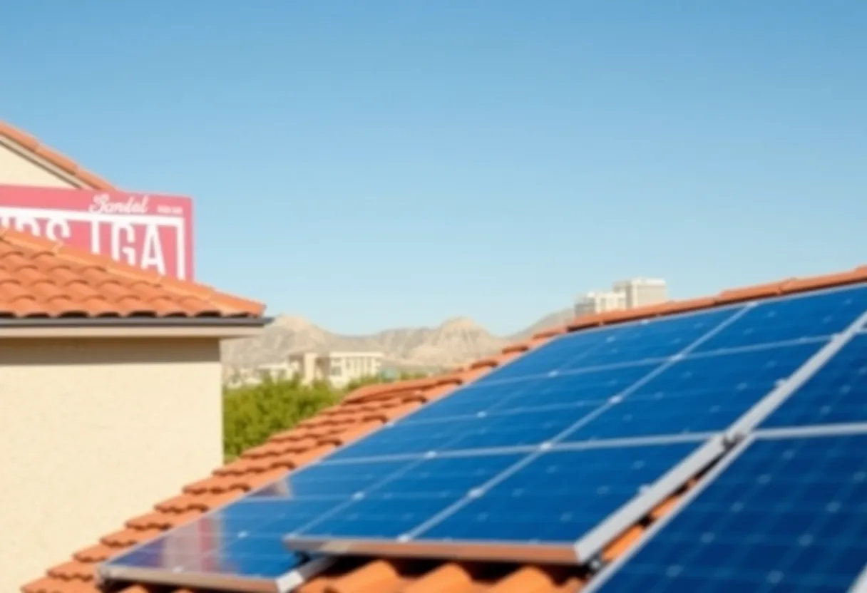Rooftop solar panels on a suburban home with Las Vegas skyline.