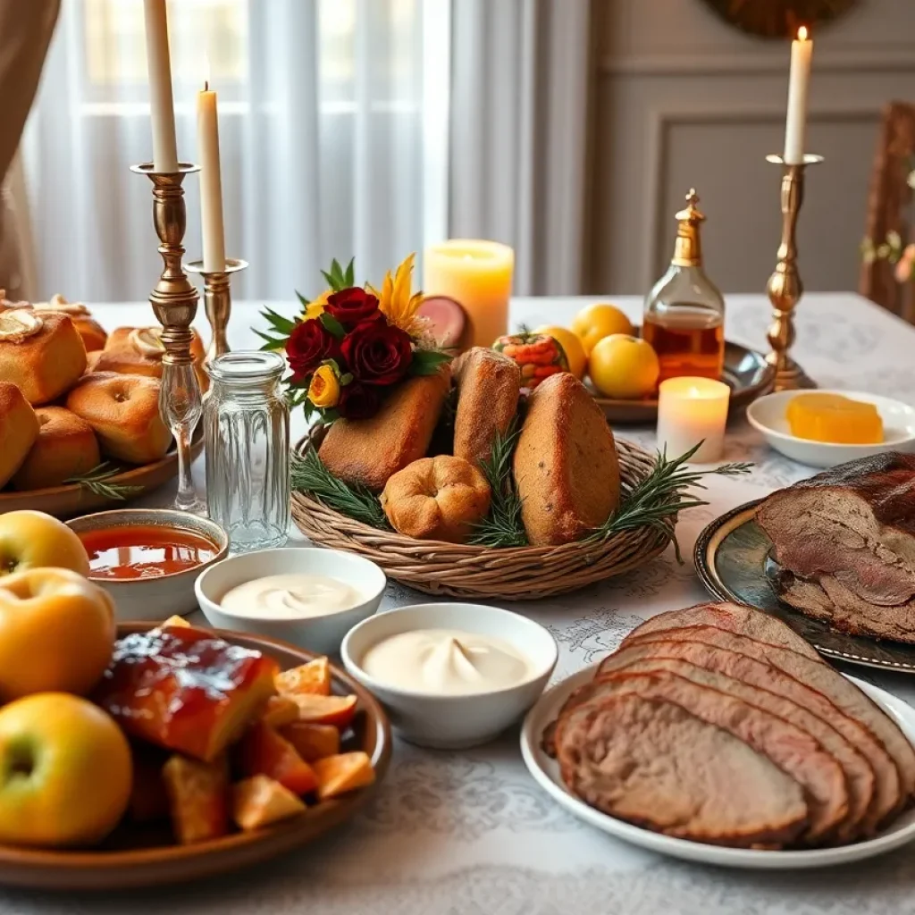 Traditional Rosh Hashanah meal including challah and apples.