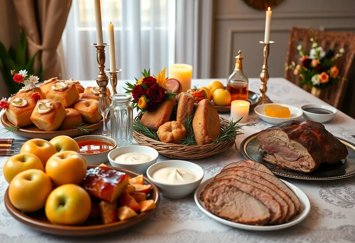 Traditional Rosh Hashanah meal including challah and apples.