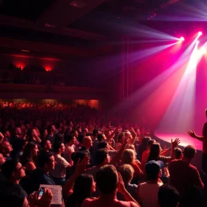 A concert scene featuring a packed audience enjoying a rock band performance in Las Vegas.