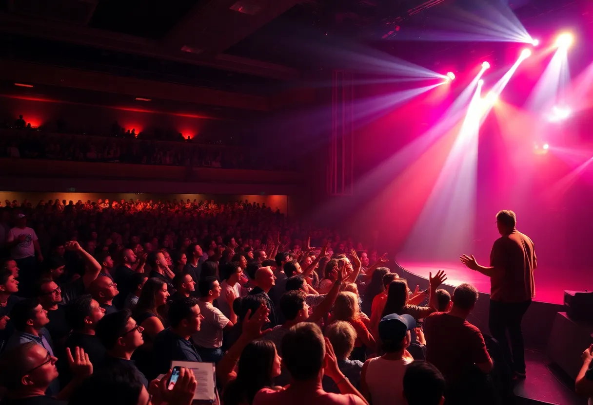 A concert scene featuring a packed audience enjoying a rock band performance in Las Vegas.