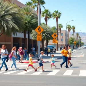 Students crossing the street safely in a school zone in Las Vegas.
