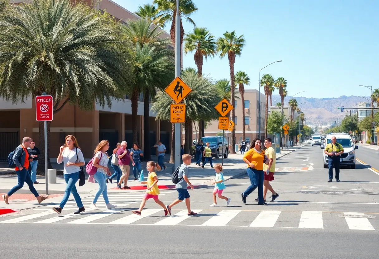 Students crossing the street safely in a school zone in Las Vegas.