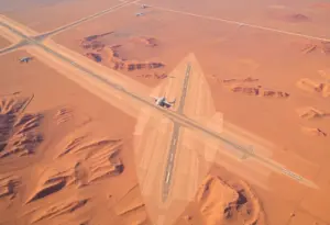 Aerial view of proposed site for Southern Nevada Supplemental Airport with surrounding landscapes.