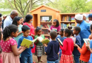 Community members celebrating the grand opening of Spread the Word Nevada with a lively atmosphere and children's books