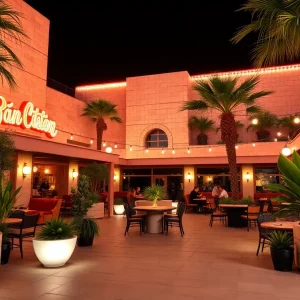 Outdoor entertainment venue in Las Vegas with midcentury design and lush greenery.