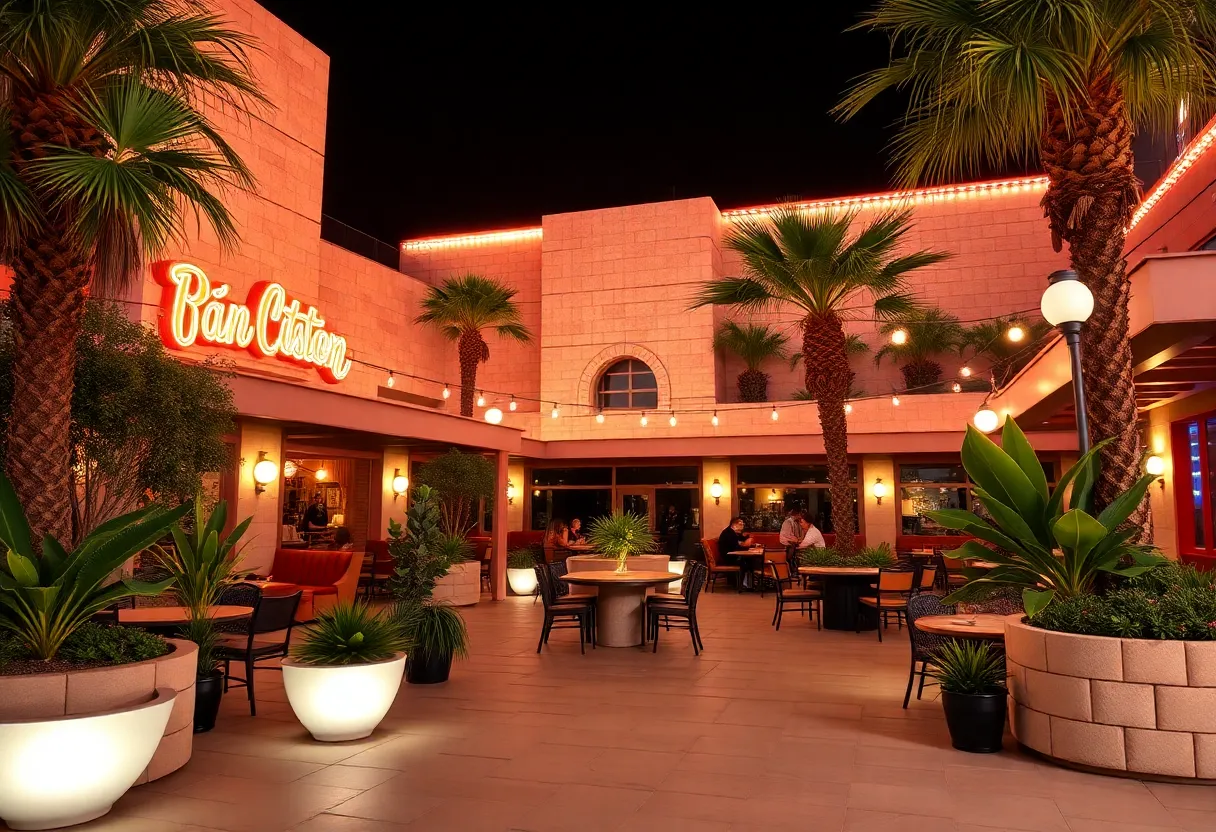 Outdoor entertainment venue in Las Vegas with midcentury design and lush greenery.