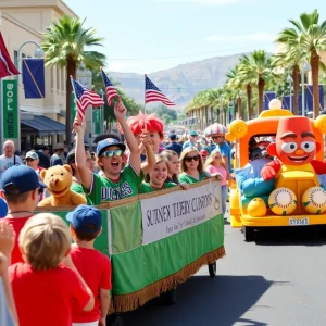 Parade celebrating Summerlin South Little League's victory with mascots and spectators.