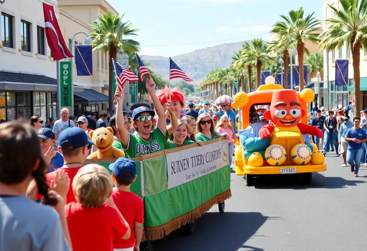 Parade celebrating Summerlin South Little League's victory with mascots and spectators.