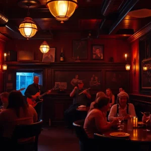 A lively scene at The Underground speakeasy with live music and patrons enjoying drinks