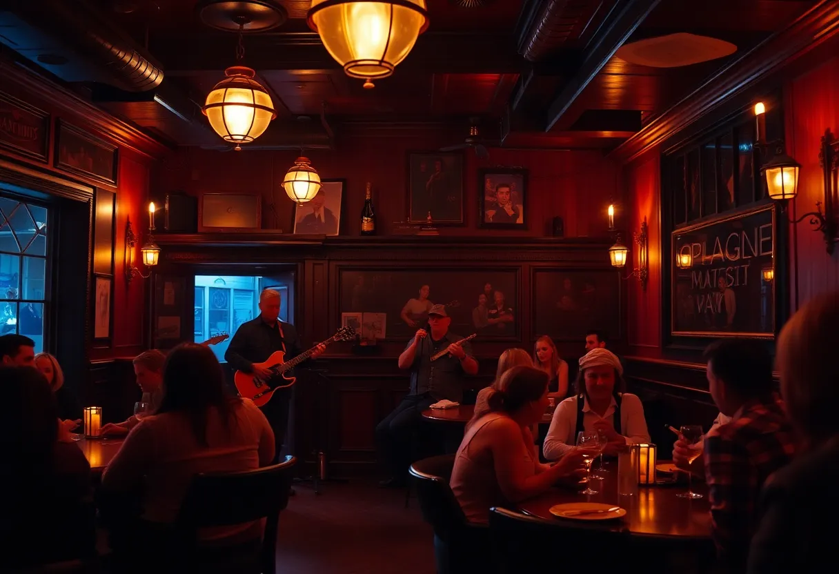 A lively scene at The Underground speakeasy with live music and patrons enjoying drinks