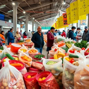 People at a food market with surprise bags of surplus food