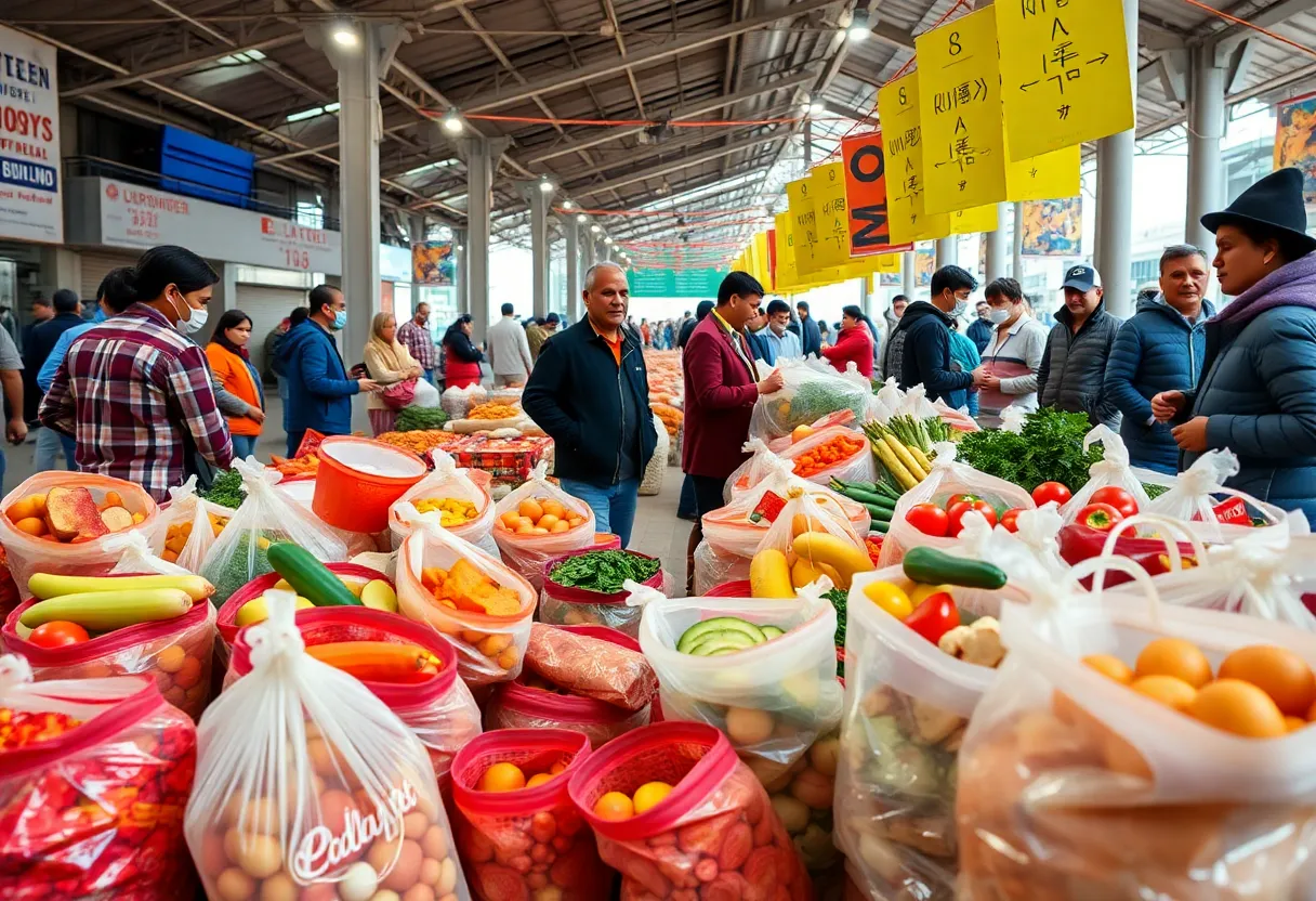 People at a food market with surprise bags of surplus food