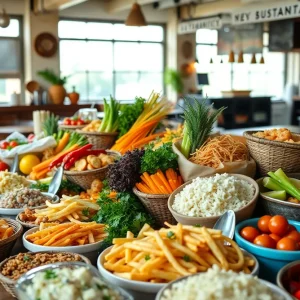 Assorted food items representing local restaurants and sustainability