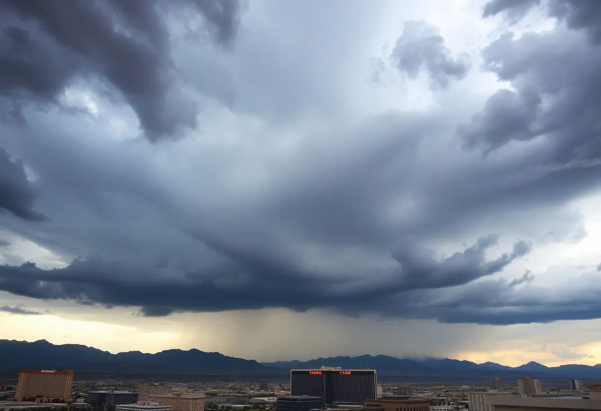 Dark storm clouds over Las Vegas city skyline