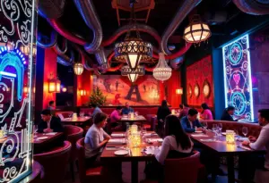 A unique dining experience in Las Vegas with themed decorations and guests enjoying their meals.