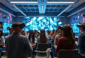 Students using virtual reality headsets at UNLV's learning center