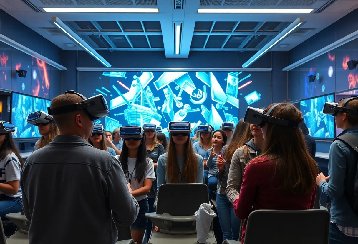 Students using virtual reality headsets at UNLV's learning center