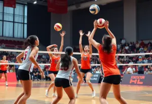 UNLV volleyball team celebrating a victory during a match