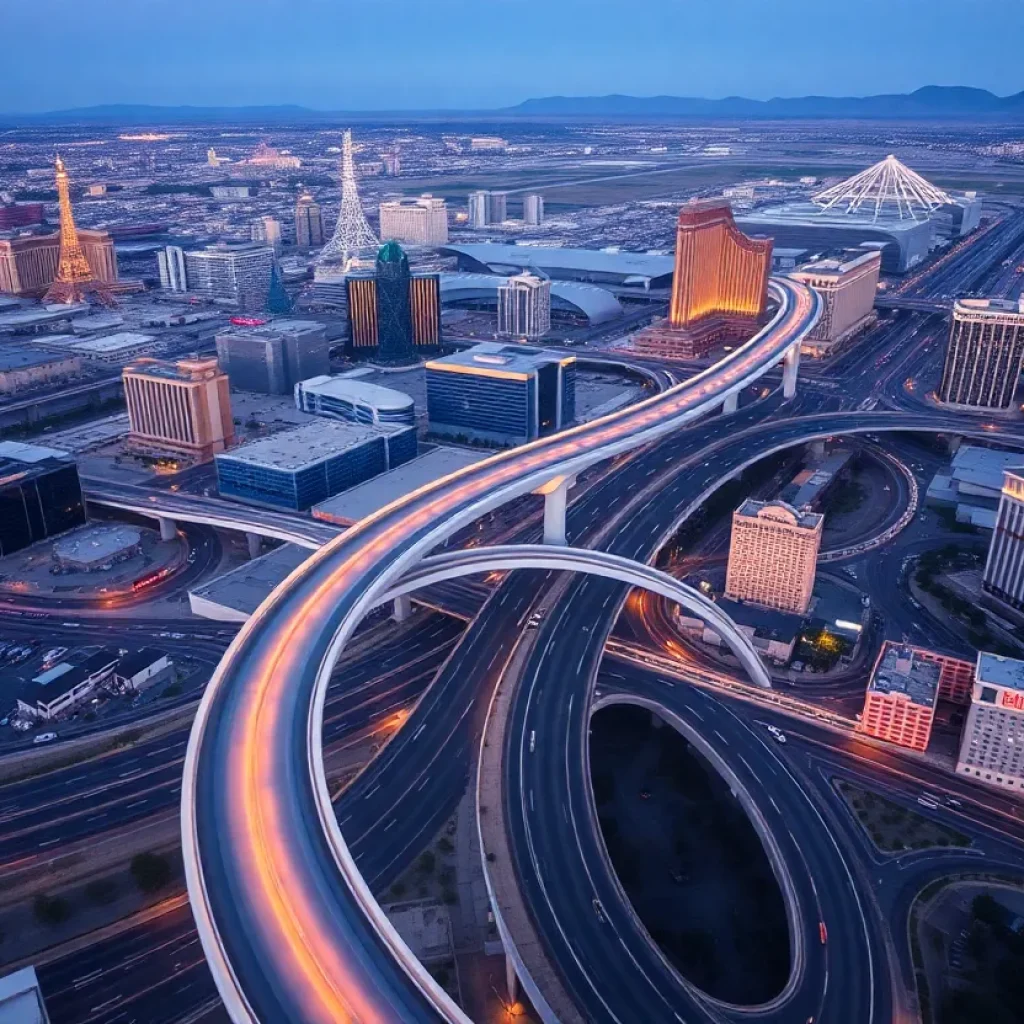 A futuristic representation of the Vegas Loop connecting to an airport