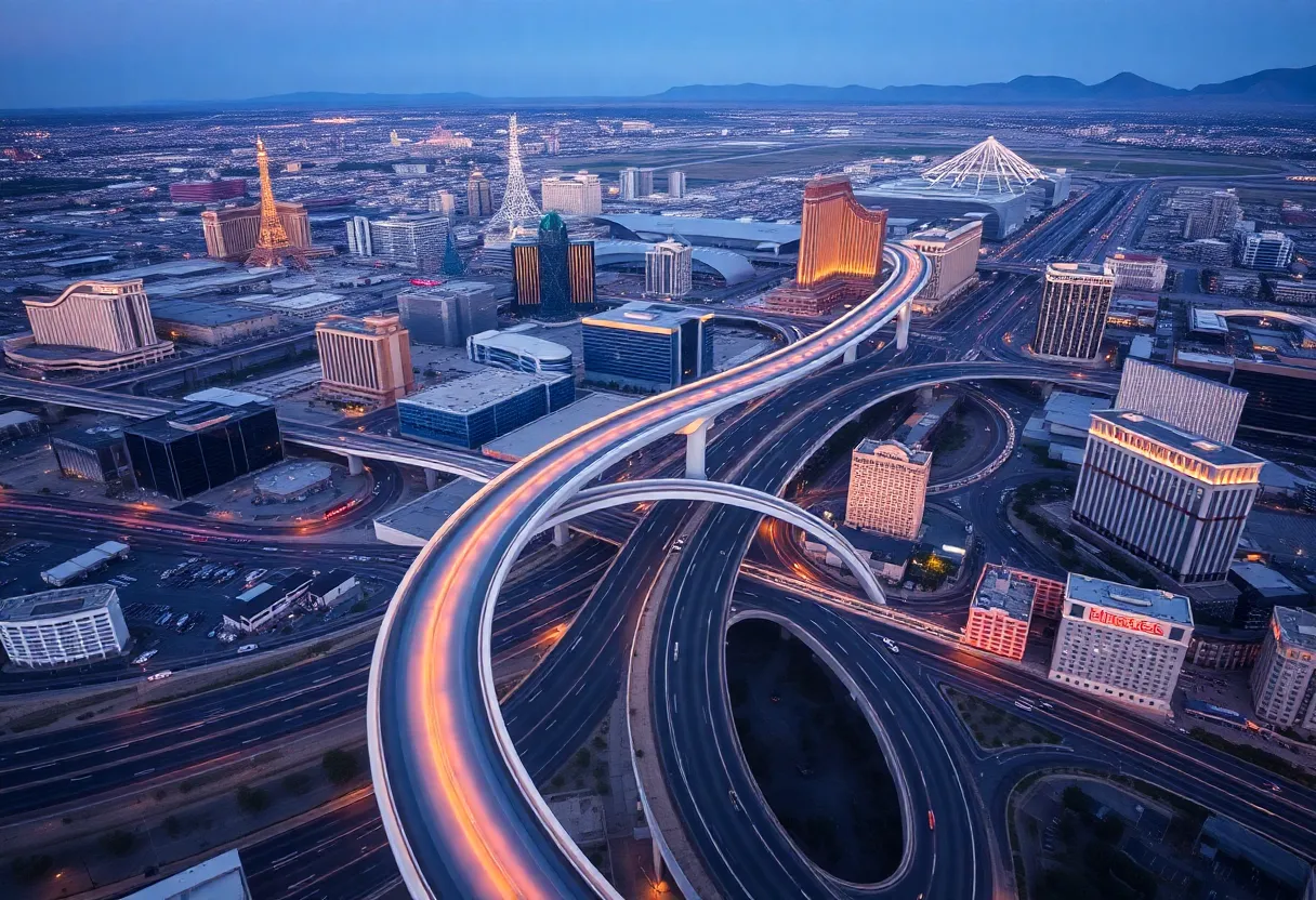 A futuristic representation of the Vegas Loop connecting to an airport