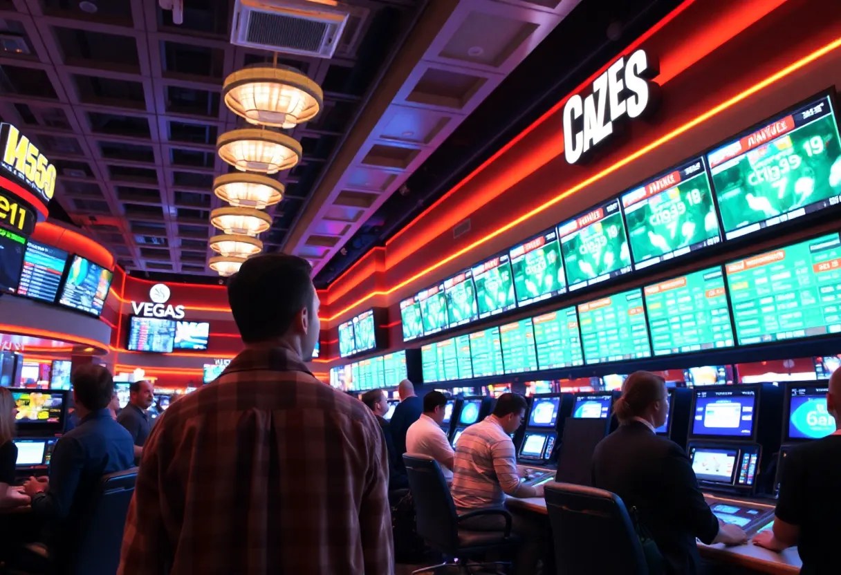 Interior view of the sportsbook at Virgin Hotels Las Vegas with betting kiosks and guests placing bets.