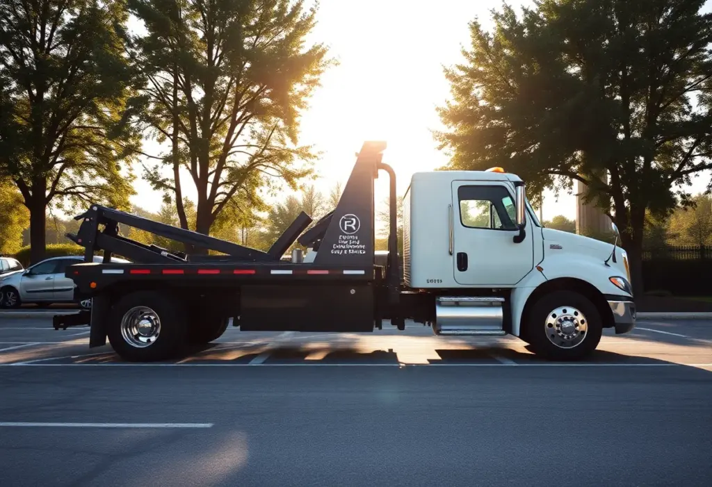 A modern tow truck in a parking lot representing ethical towing services