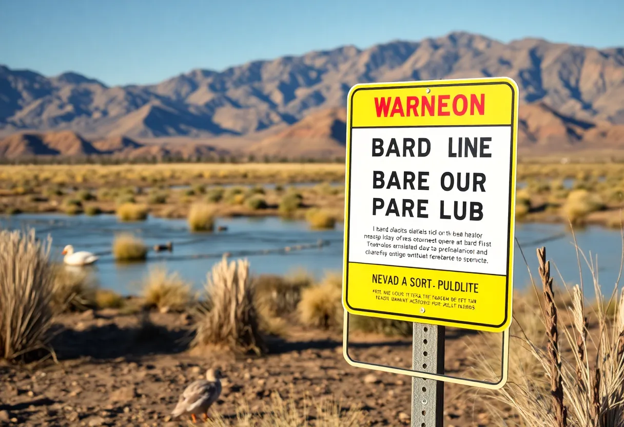 Scenic view of Pahranagat National Wildlife Refuge showing bird flu warning signs.