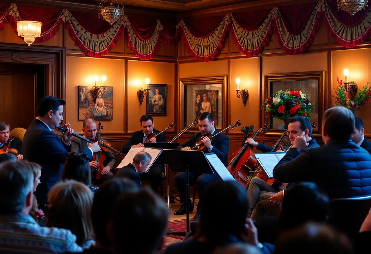 Scene from a Bulgarian classical music concert with musicians performing