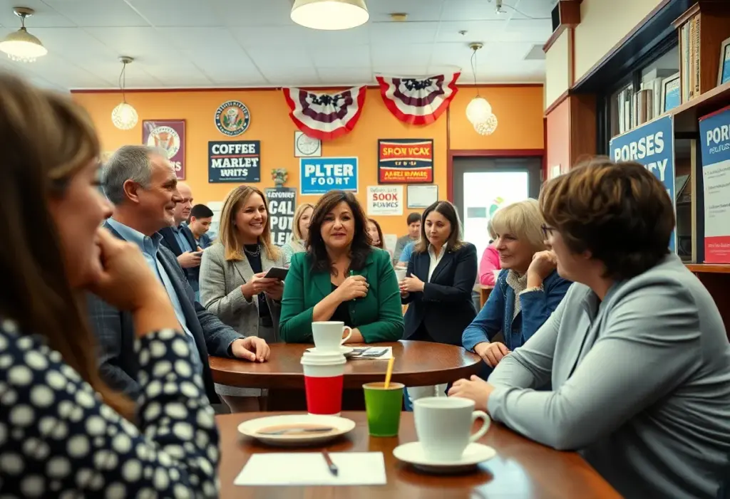 Community gathering at a local coffee shop for a political campaign launch.