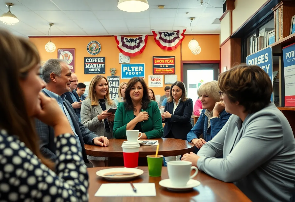 Community gathering at a local coffee shop for a political campaign launch.