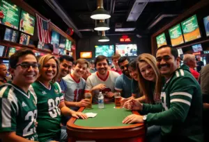 A diverse group of sports fans celebrating in a betting environment.