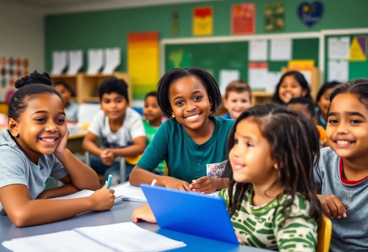Diverse students in a charter school classroom learning